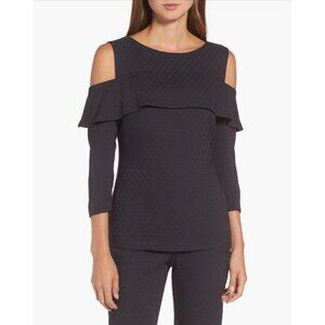 EUC Hugo BOSS Ikyana Dot silk Jacquard Cold Shoulder Top Navy womens size 2